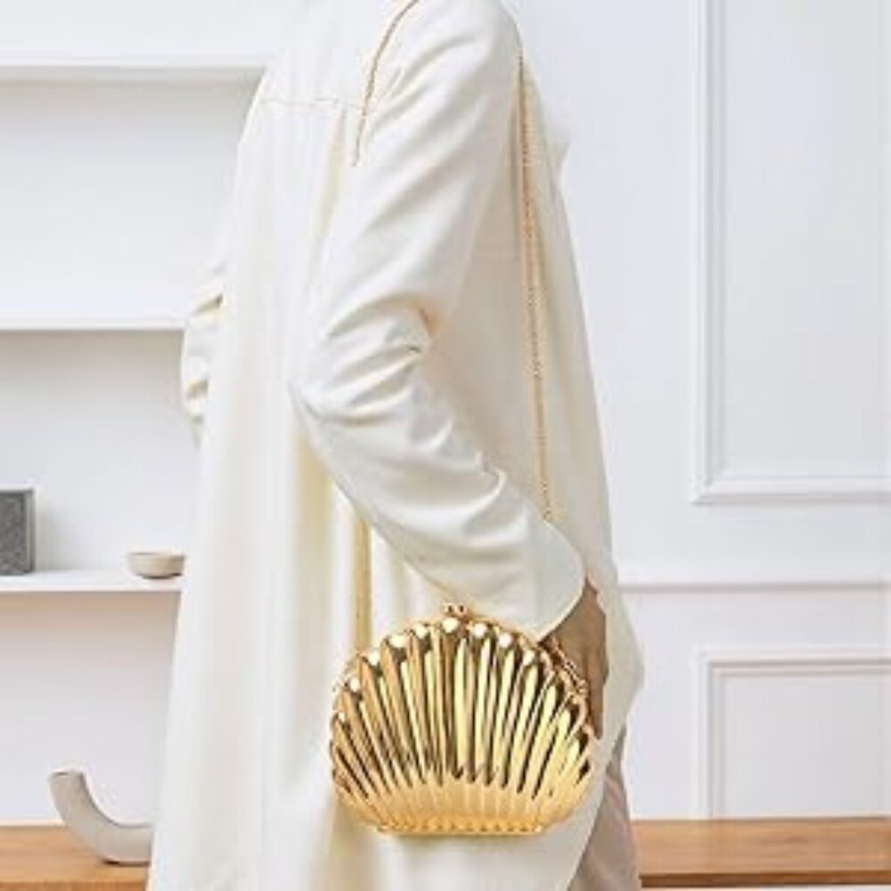 Neiman Marcus Gold Seashell Clutch Acrylic Chain Bag